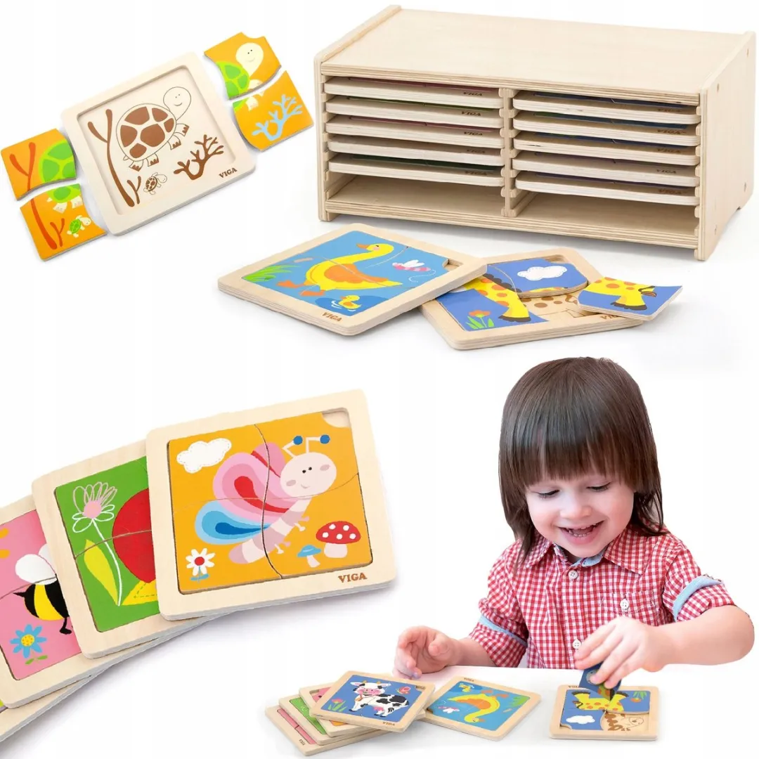 VIGA Houten Puzzelset 12-delig - 48 Stuks - Meerkleurig