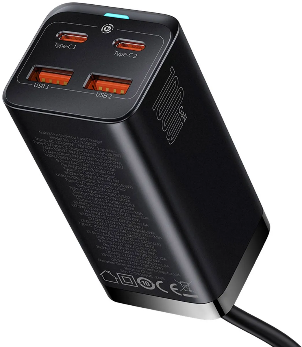Baseus GaN3 Pro Oplader 100W - 4 Poorten - Zwart