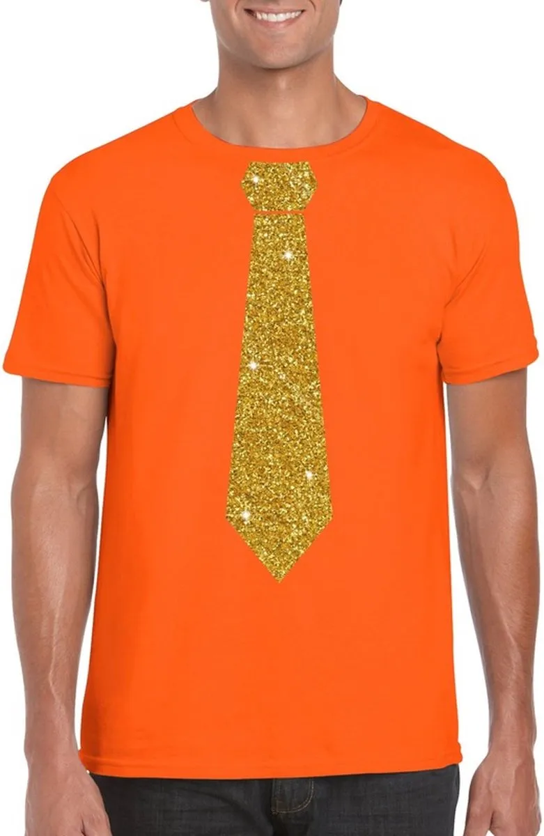 Bellatio Design Oranje Koningsdag T-shirt met Glitterstropdas