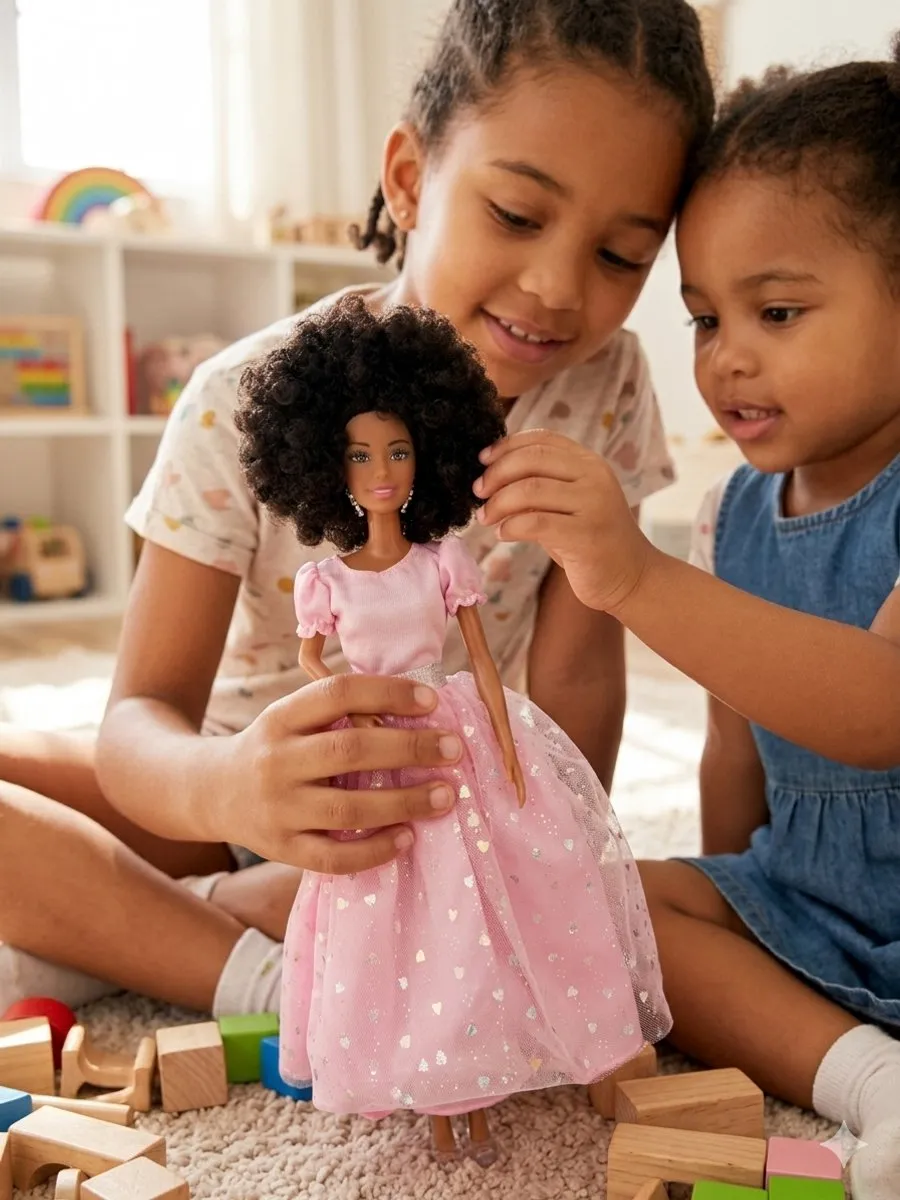 Happy U Kids Afro Prinsessen Barbie - Bruin haar - Roze jurk