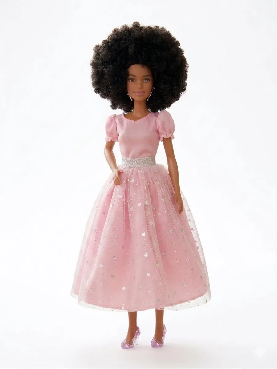 Happy U Kids Afro Prinsessen Barbie - Bruin haar - Roze jurk
