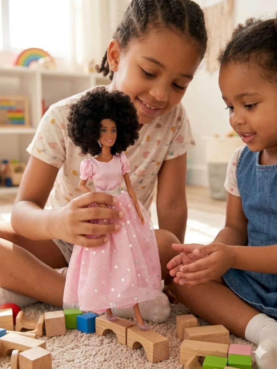 Happy U Kids Afro Prinsessen Barbie - Bruin haar - Roze jurk