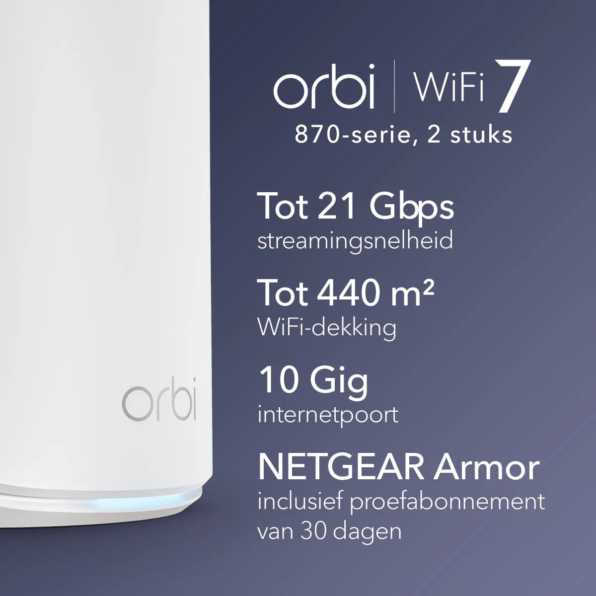 Netgear Orbi RBE872 Mesh WiFi 7 Tri-Band 21Gbps 2-Pack - Wit
