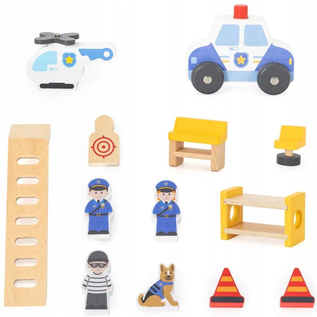VIGA Houten Politiebureau & Politiewagen Speelset 14-delig - Meerkleurig
