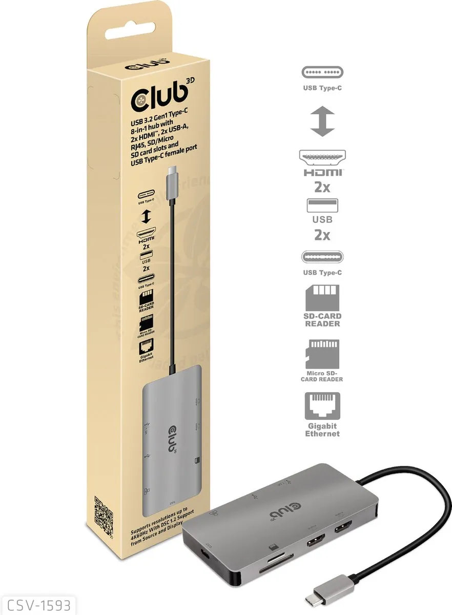 Club3D CSV-1593 Type-C 8-in-1 Hub - Grijs