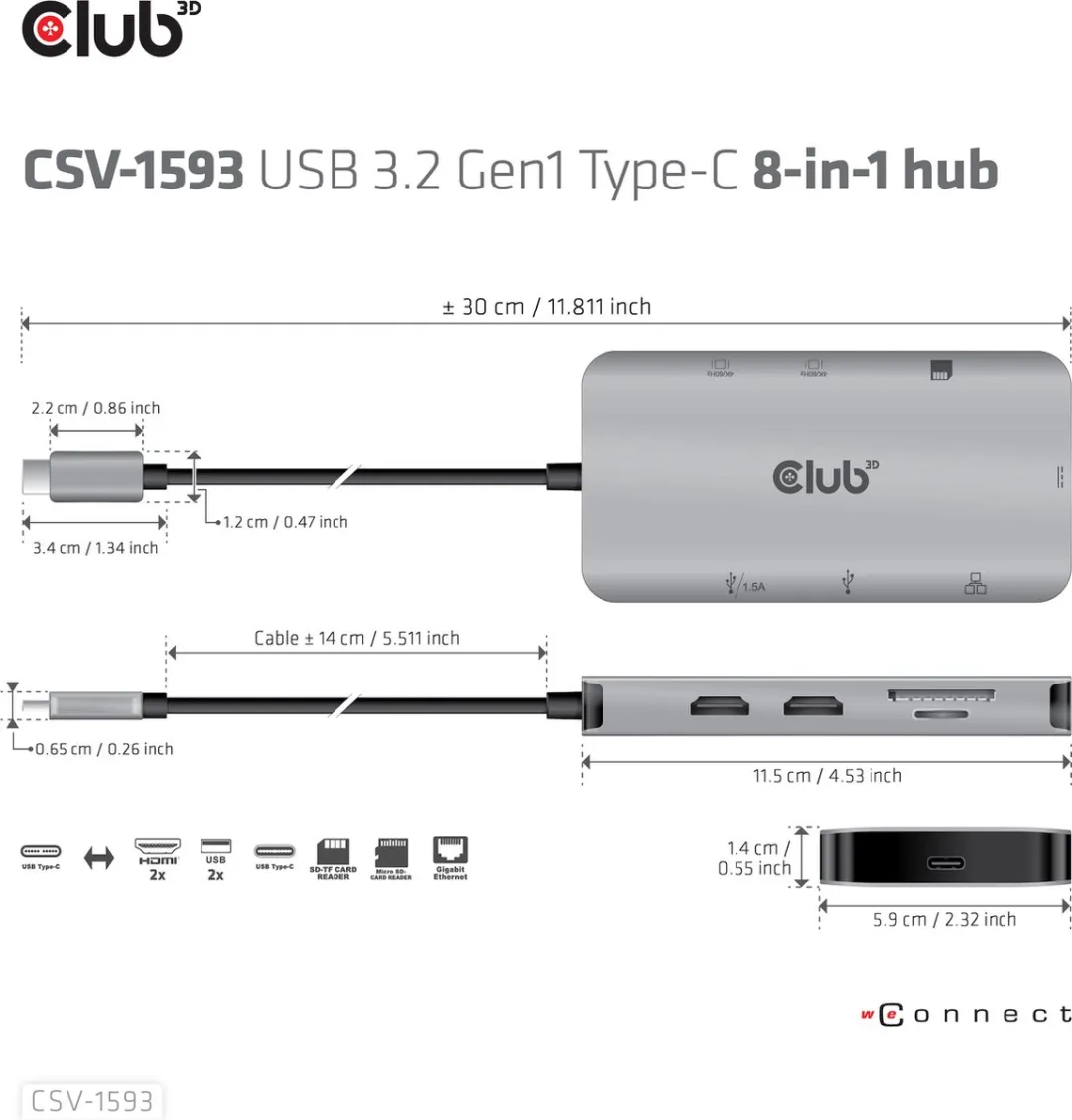 Club3D CSV-1593 Type-C 8-in-1 Hub - Grijs