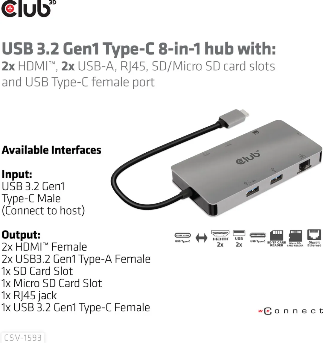 Club3D CSV-1593 Type-C 8-in-1 Hub - Grijs