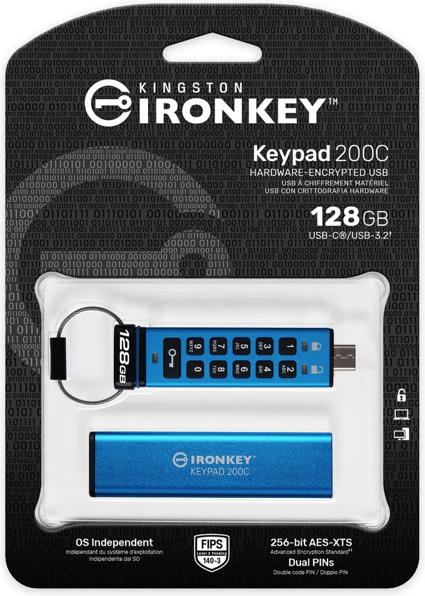 Kingston IronKey Keypad 200C 128GB USB-C - Blauw