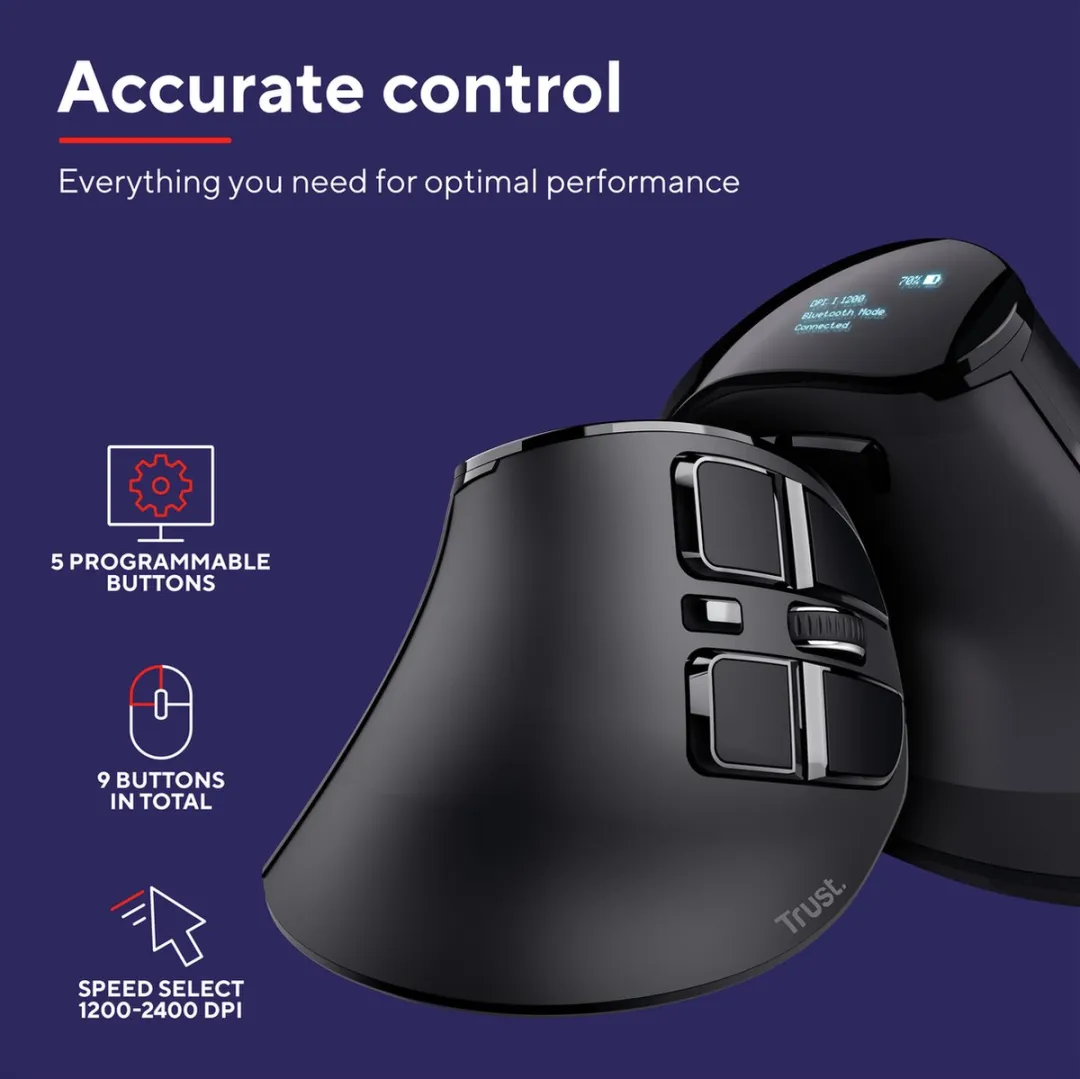 Trust Voxx Ergonomic Rechargeable Mouse 23731 - 9 Knoppen - Zwart