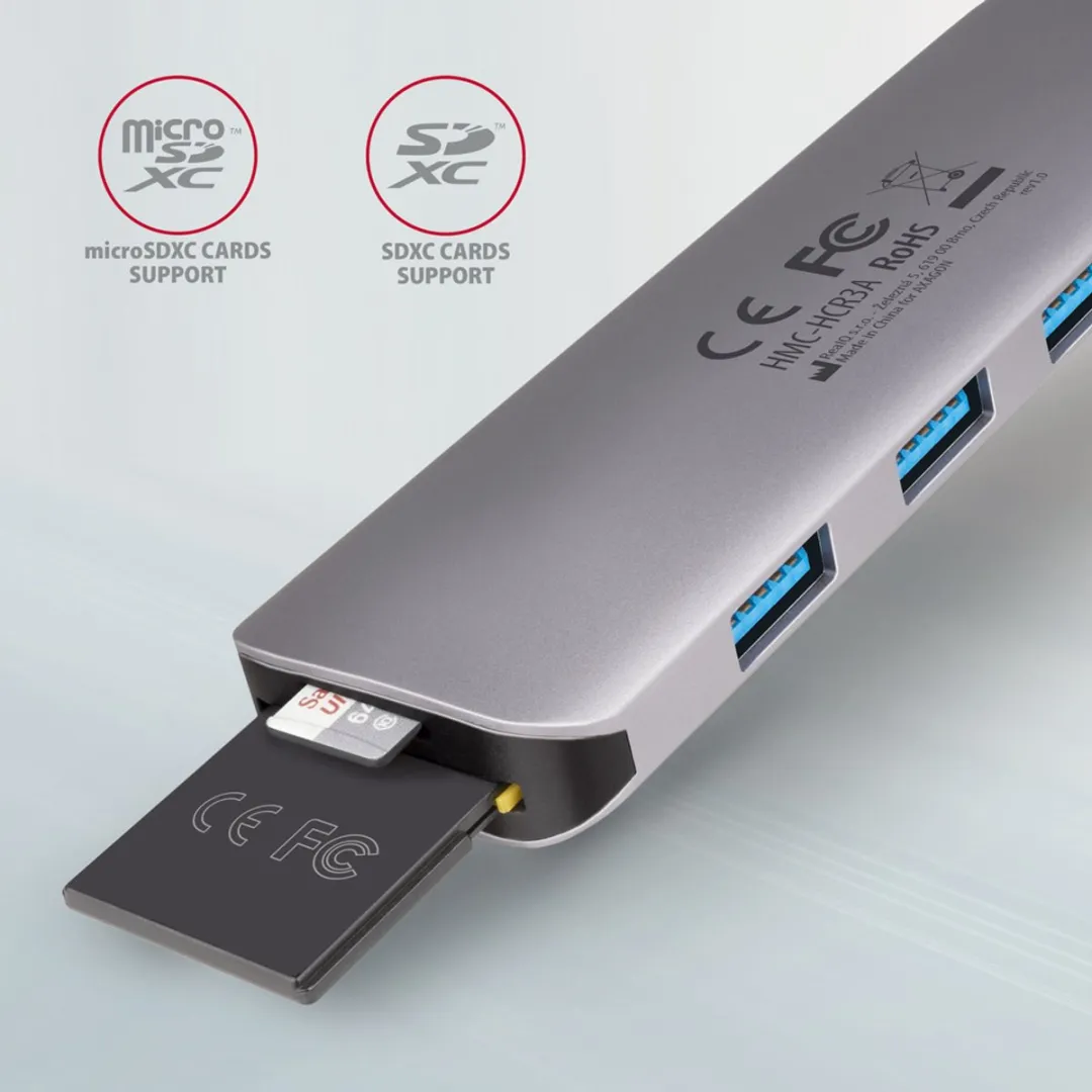 Axagon HMC-HCR3A USB-C Hub - 3x USB-A, HDMI, SD/microSD - Grijs