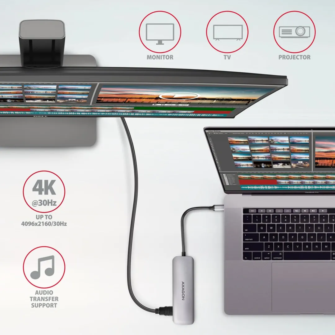 Axagon HMC-HCR3A USB-C Hub - 3x USB-A, HDMI, SD/microSD - Grijs - afbeelding 6 van 6
