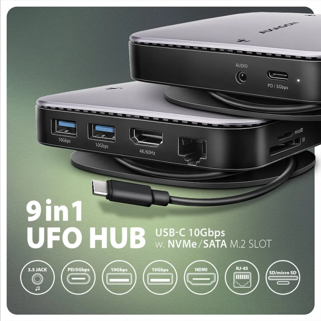 Axagon HMC-UFO USB-C Hub - 1 Gbit/s Ethernet - Zwart