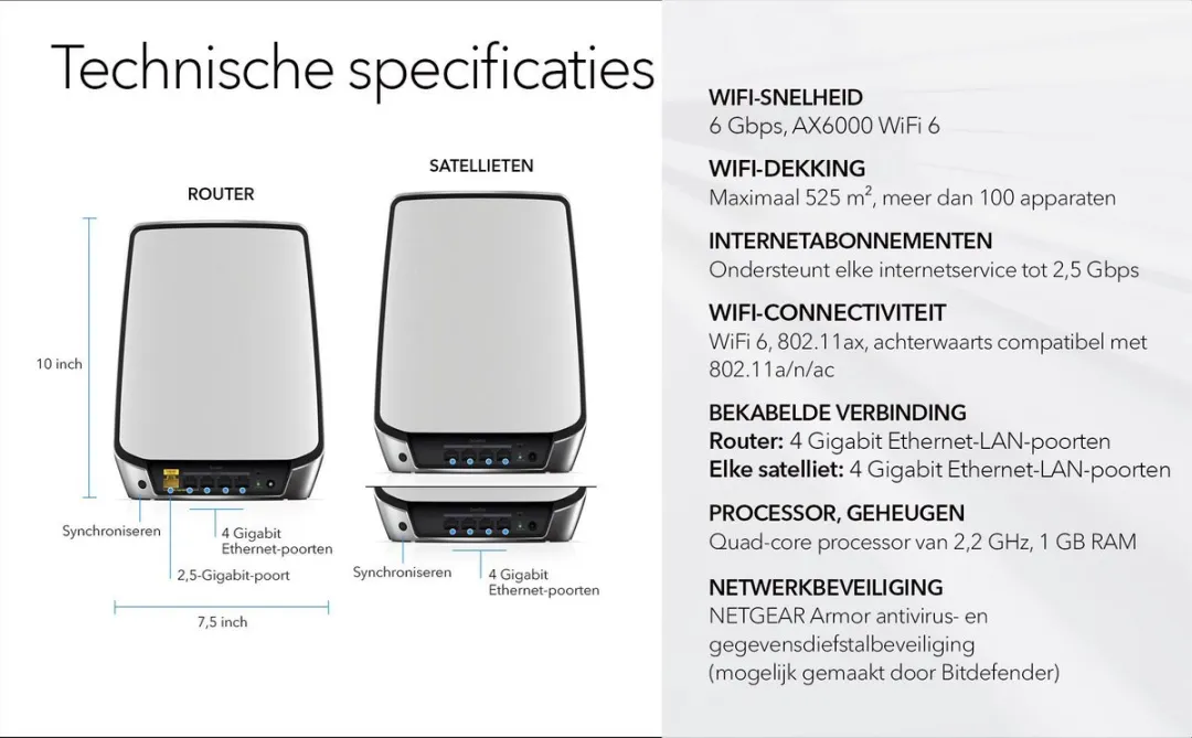 NETGEAR Orbi RBK853 - Mesh Wifi - WiFi Versterker - WiFi 6 - Tri-Band - 3-pack