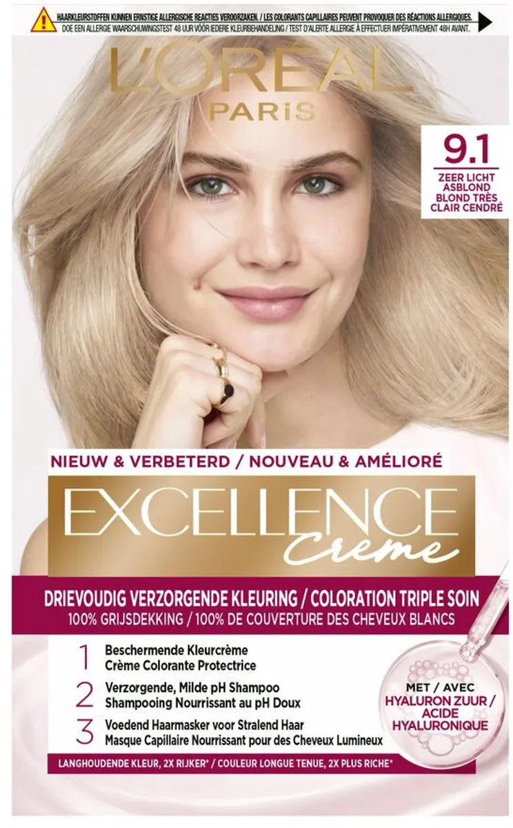 L'Oréal Paris Excellence Crème Haarverf 9.1 Zeer Licht Asblond - 3 Stuks