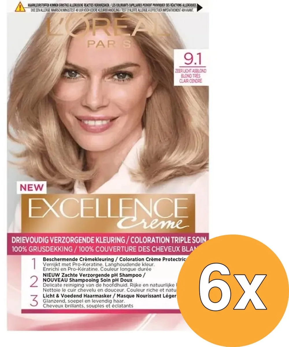 L'Oréal Paris Excellence Crème Haarverf 9.1 Zeer Licht Asblond - 3 Stuks