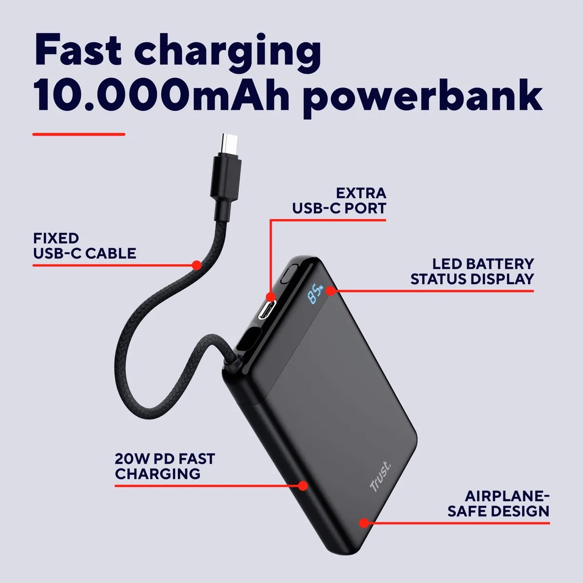 Trust Fiera Powerbank 10000mAh 20W - 2x USB-C - Zwart