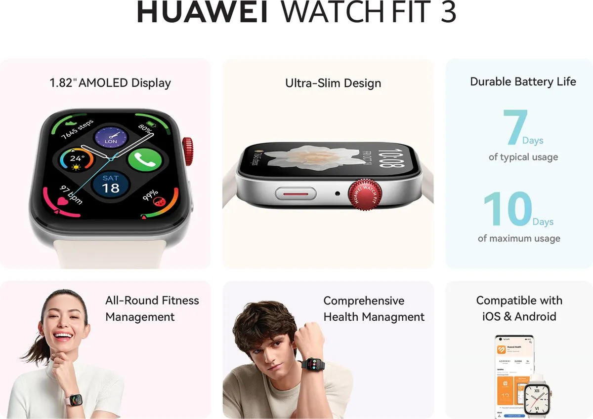 Huawei Watch Fit 3 - 1,82" AMOLED - 43mm - Grijs