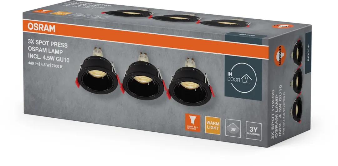 Osram Spot Set GU10 Press 4,5W 2700K - 3 Stuks - Zwart