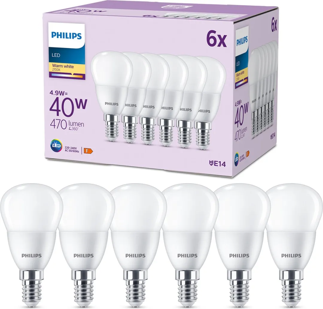 Philips LED Kogellamp E14 4.9W Warmwit - 6 Stuks