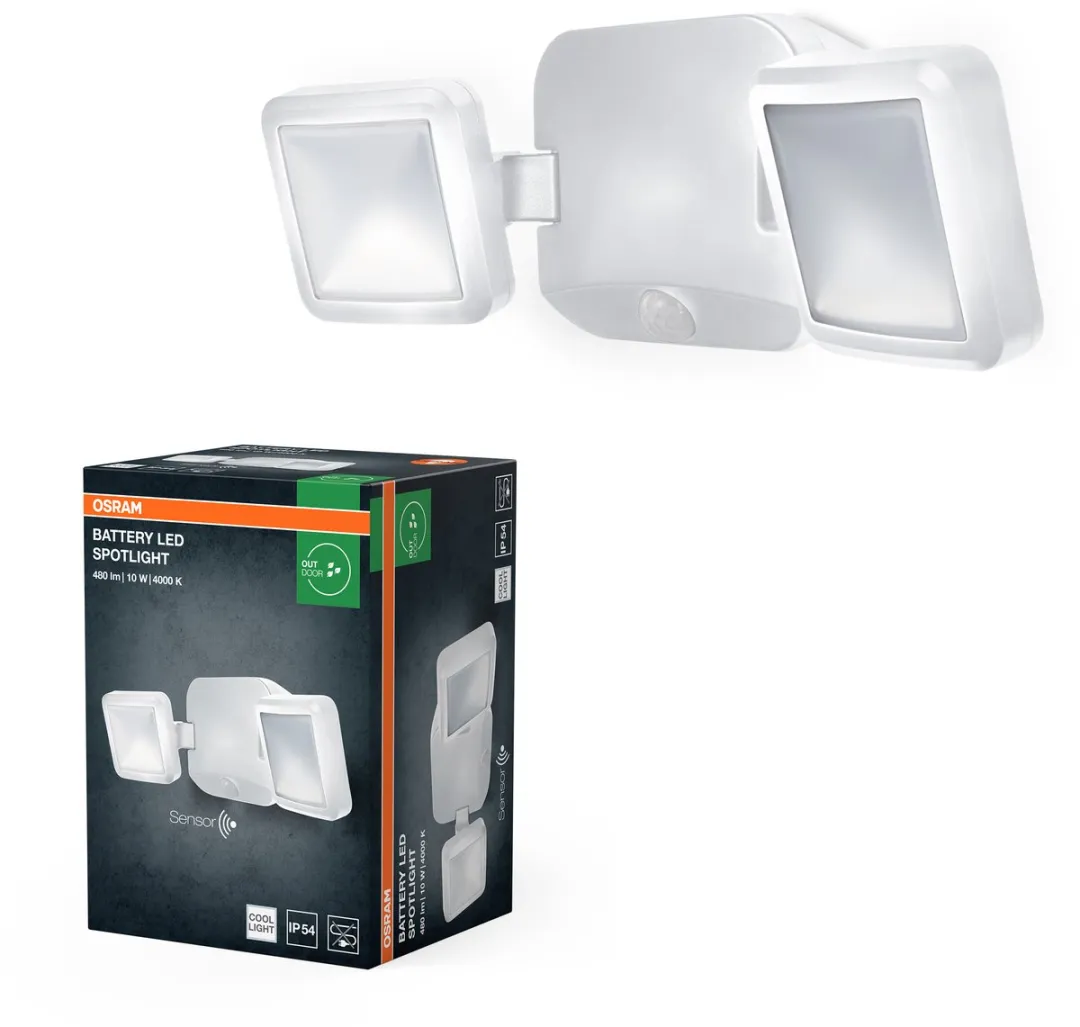 OSRAM Battery Spotlight, buitenlamp, wit, 10W, 4000K, IP54, licht- en bewegingssensor, op batterijen, eenvoudige installatie, 480 lm
