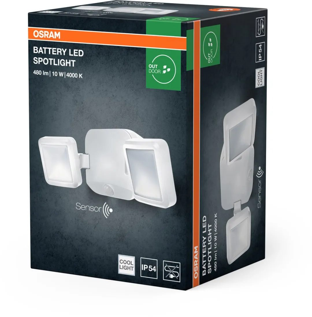 OSRAM Battery Spotlight, buitenlamp, wit, 10W, 4000K, IP54, licht- en bewegingssensor, op batterijen, eenvoudige installatie, 480 lm