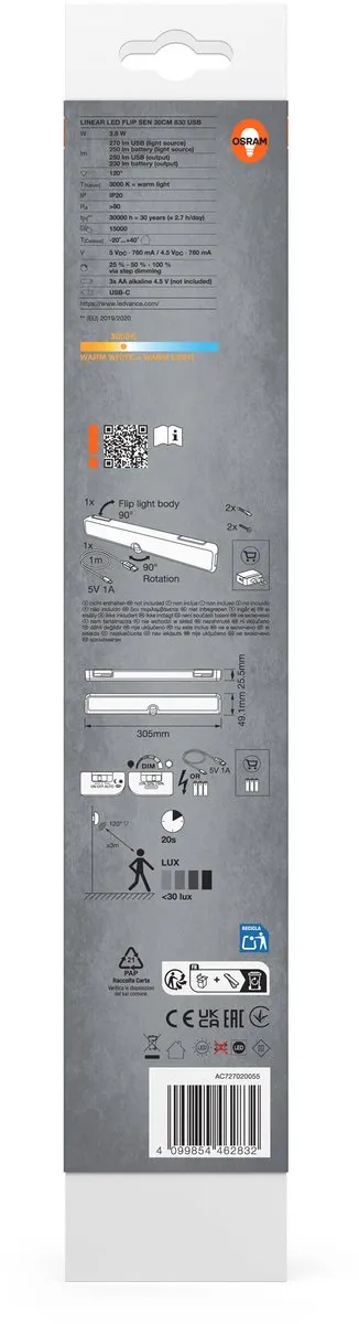 Osram Linear LED Flip 30cm 3000K USB Onderkastlamp - 5W - Wit