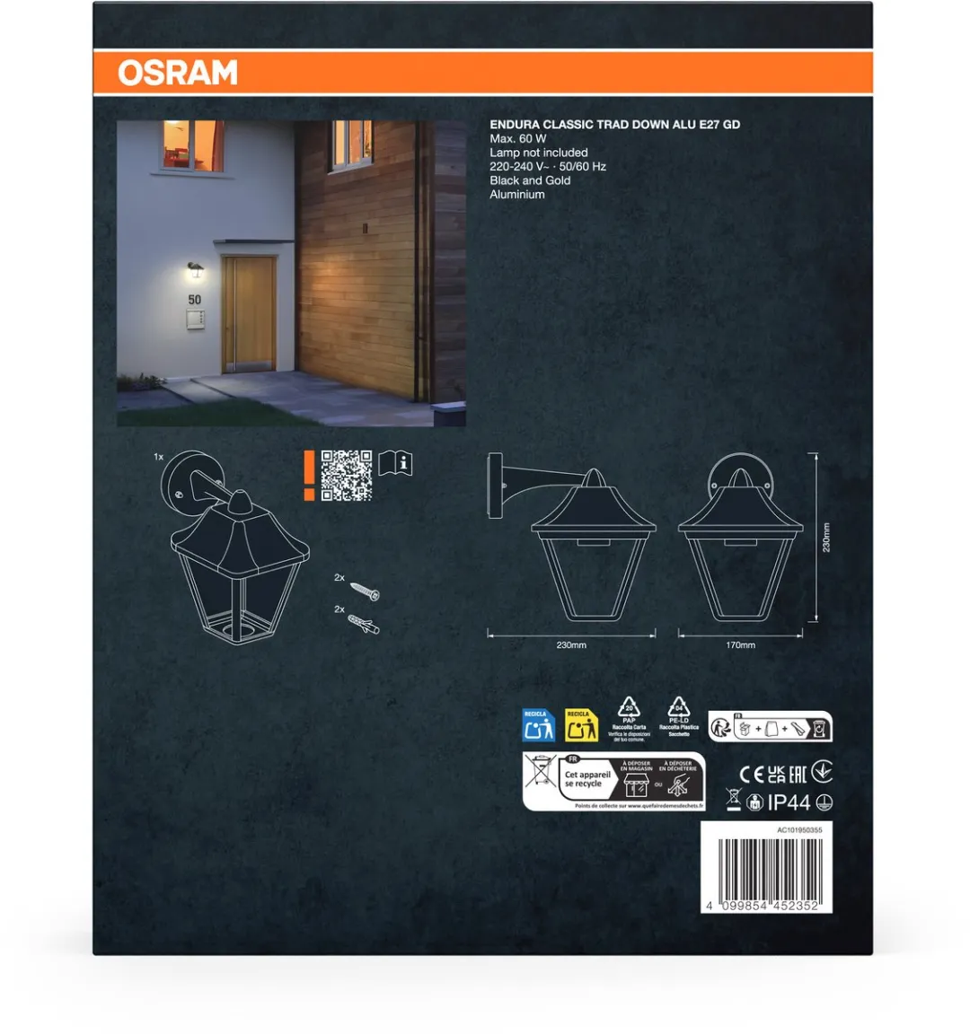 Osram ENDURA Classic Wandlamp E27 - Zwart/goud - IP44