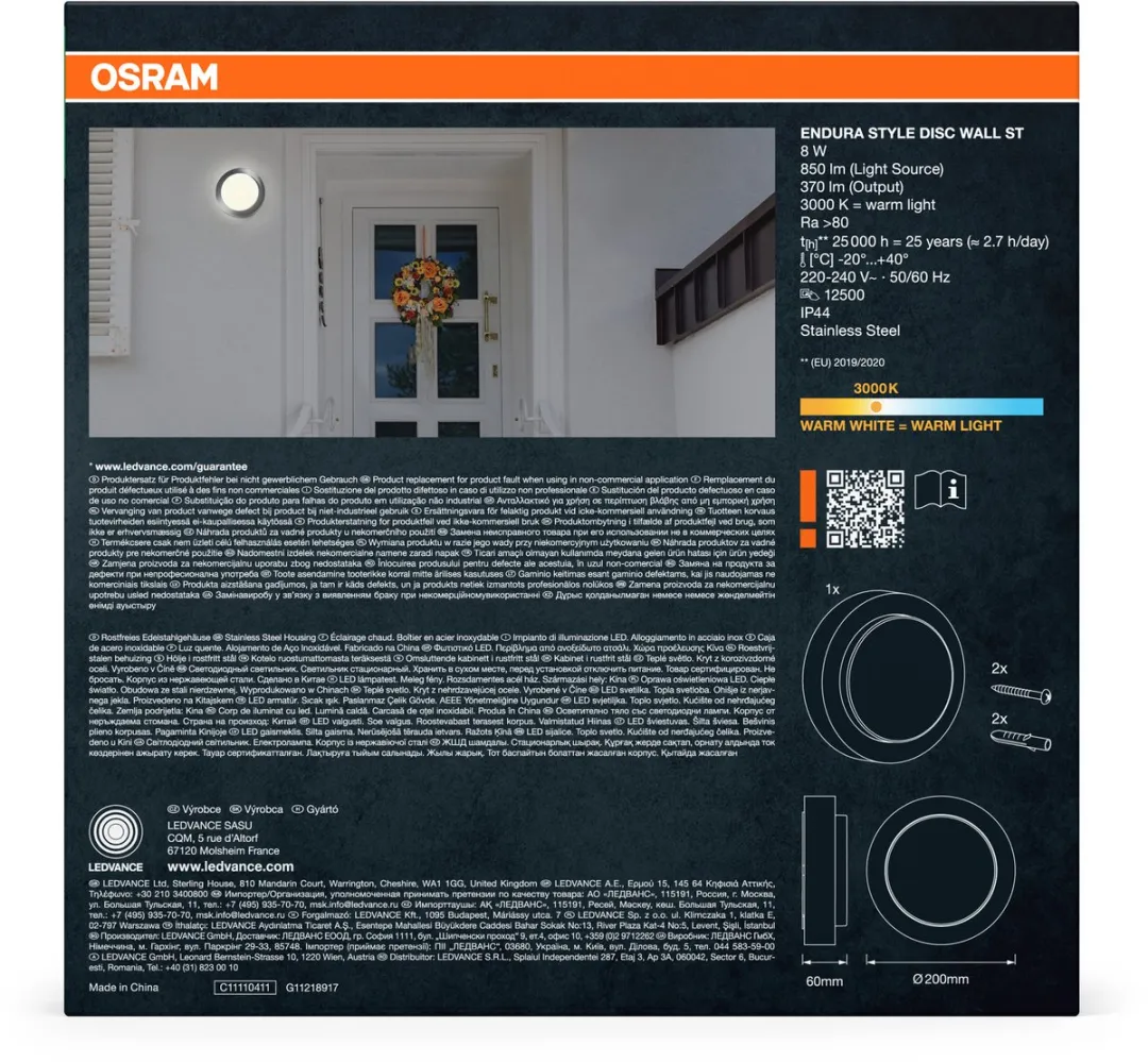 Osram Endura Style Disc Wandlamp 8W - Staal - IP44 - afbeelding 6 van 6