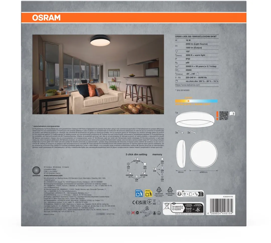 Osram Orbis Livia LED Plafondlamp 16W 1000lm - Zwart/Wit - afbeelding 6 van 6