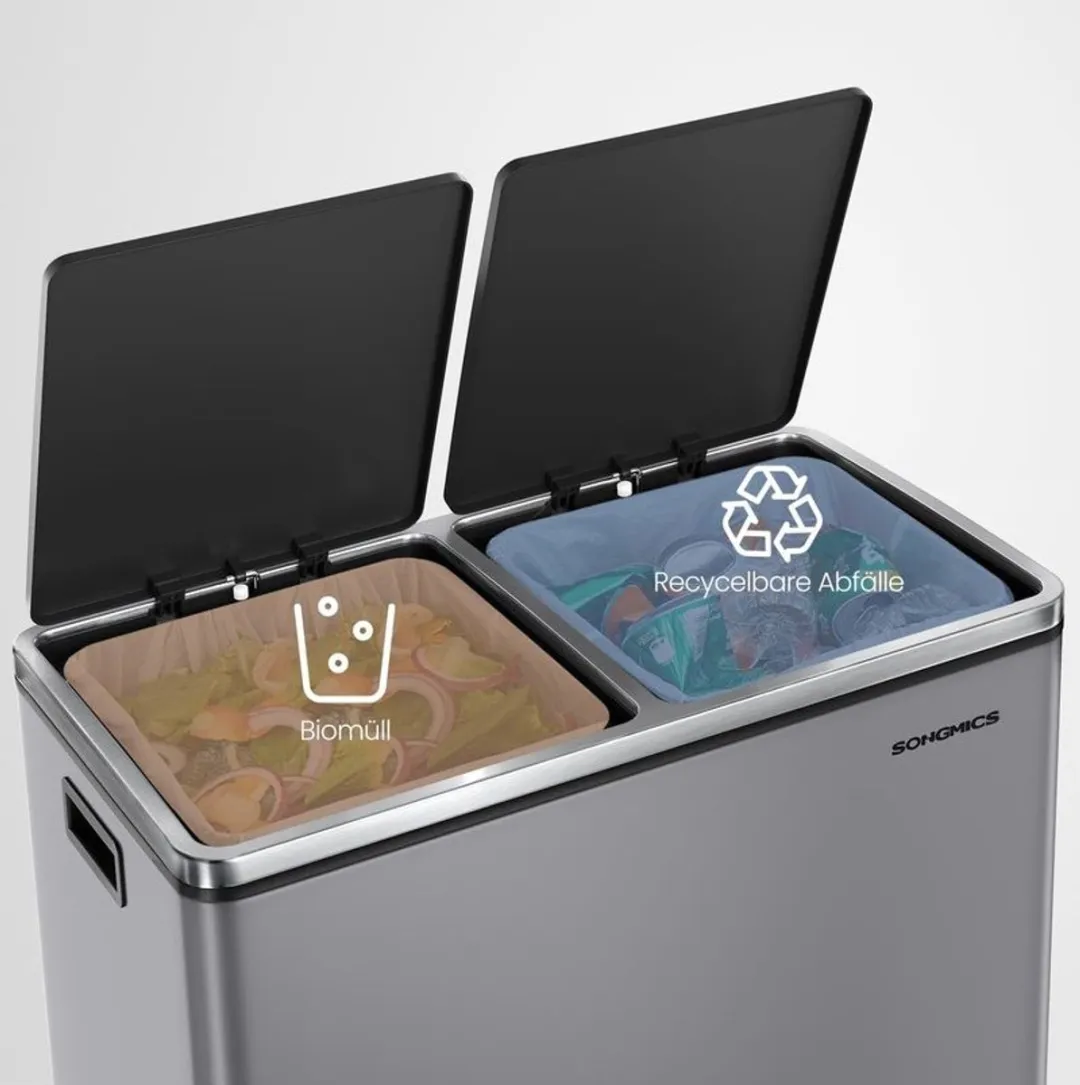 Songmics Prullenbak 60L 2-vaks - Matgrijs