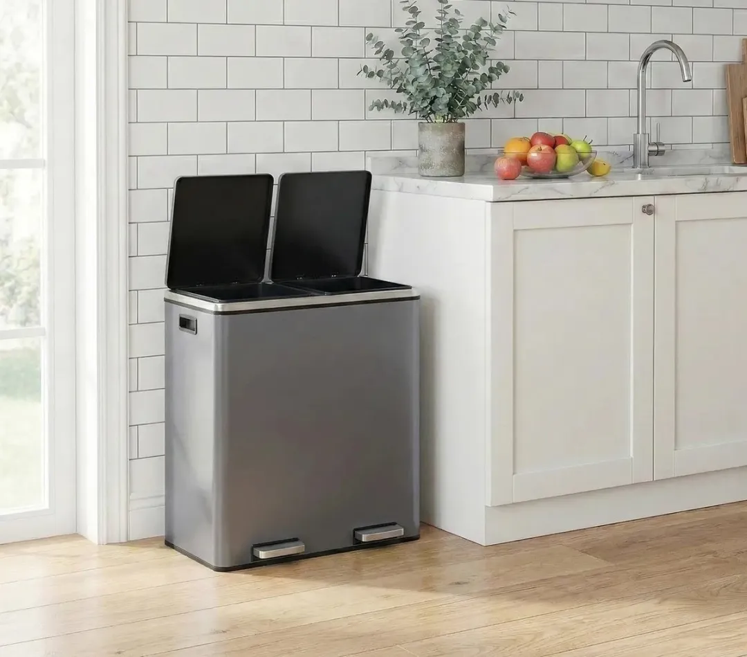 Songmics Prullenbak 60L 2-vaks - Matgrijs