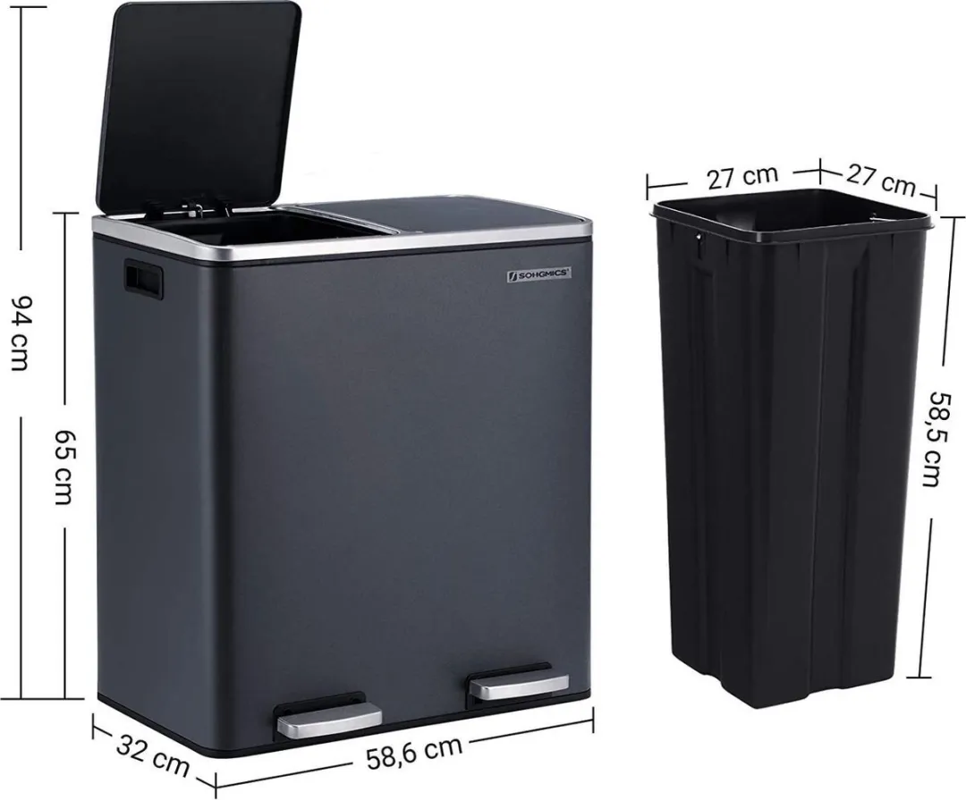 Songmics LTB60GS Afvalbak 2x30L - Pedaal - Grijs