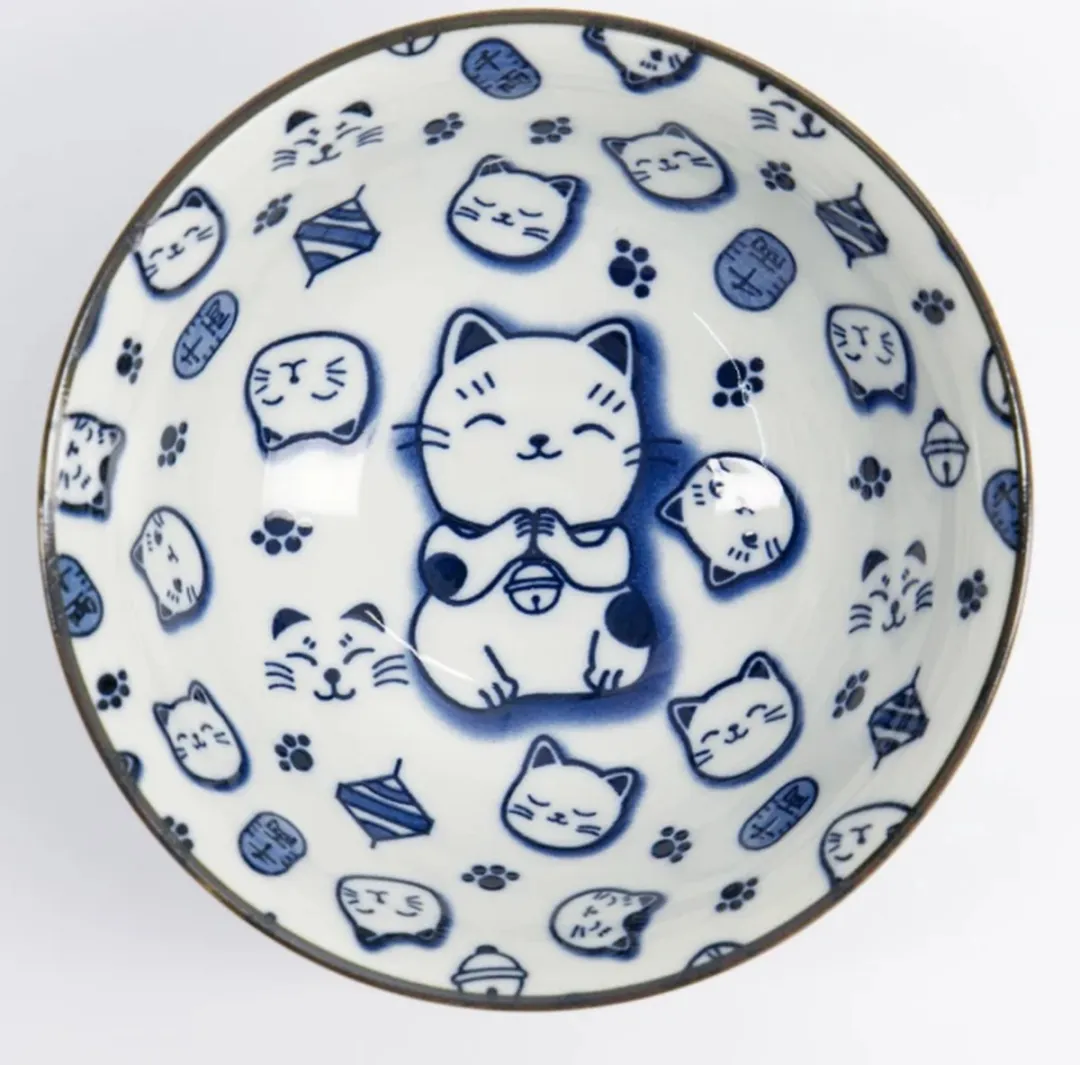 Tokyo Design Studio Kawaii Bowls Lucky Cat Kom - 500ml - Wit/Blauw