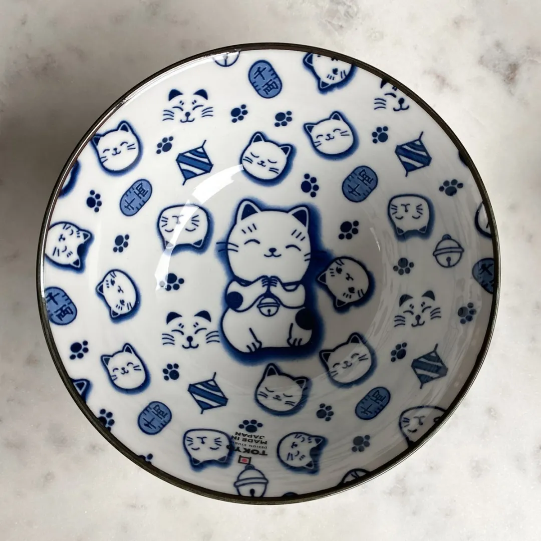 Tokyo Design Studio Kawaii Bowls Lucky Cat Kom - 500ml - Wit/Blauw