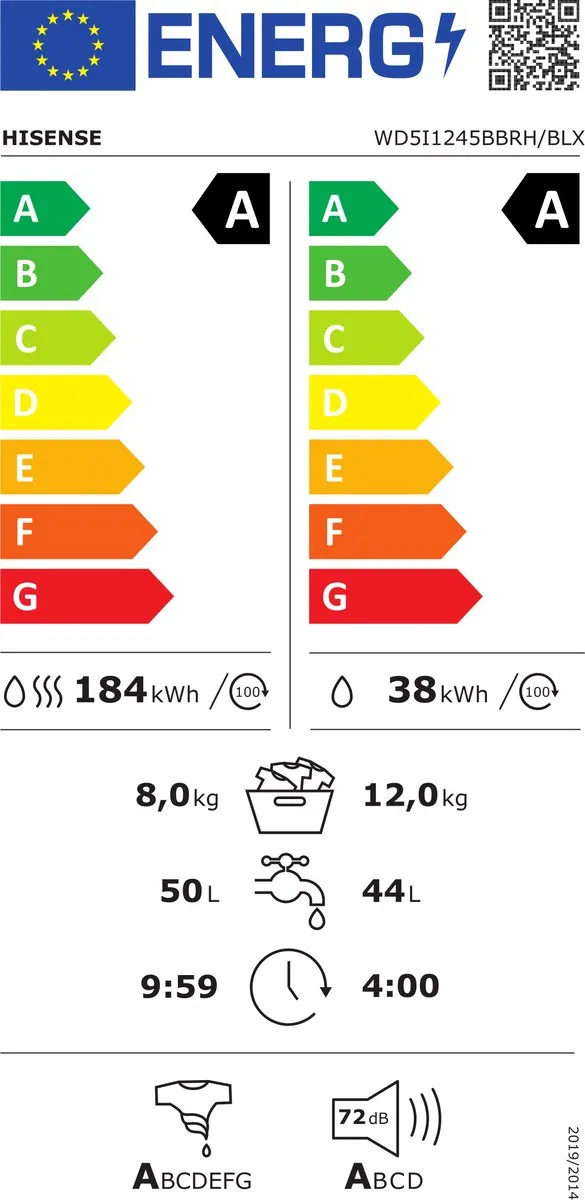 Hisense WD5I1245BBRH Wasdroger 12/8kg - Zwart
