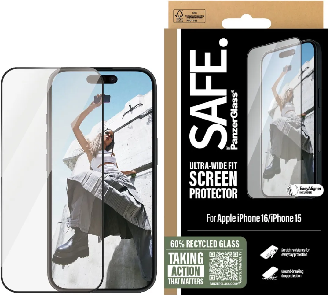 PanzerGlass SAFE iPhone 16/15 Ultra Wide Glazen Screenprotector - Zwart