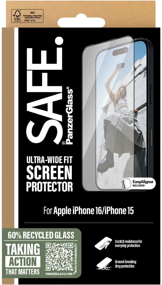 PanzerGlass SAFE iPhone 16/15 Ultra Wide Glazen Screenprotector - Zwart