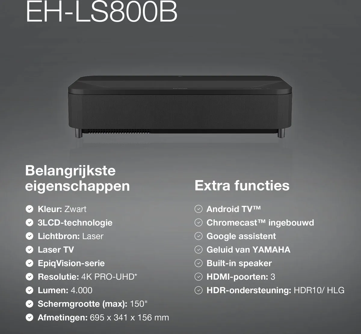 Epson EpiqVision Ultra EH-LS800 Beamer - Zwart