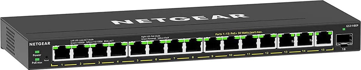 Netgear GS316EP Managed Switch 16 PoE-poorten - 180W - Zwart
