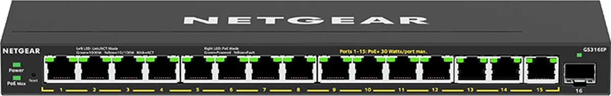 Netgear GS316EP Managed Switch 16 PoE-poorten - 180W - Zwart