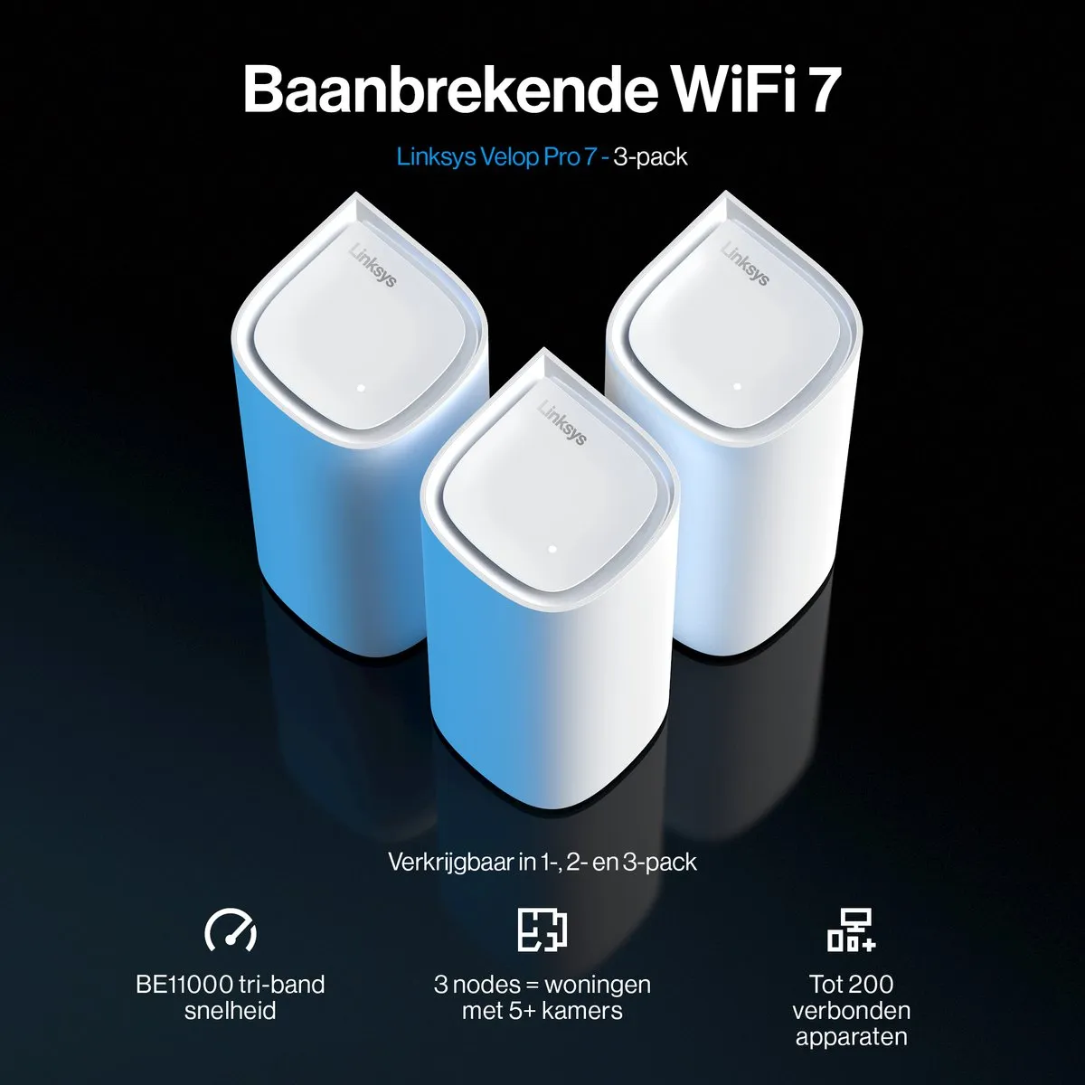 Linksys MBE7003 Velop Pro 7 - Mesh WiFi - WiFi Versterker - WiFi 7 - 11000 Mbps - 3-Pack - Wit