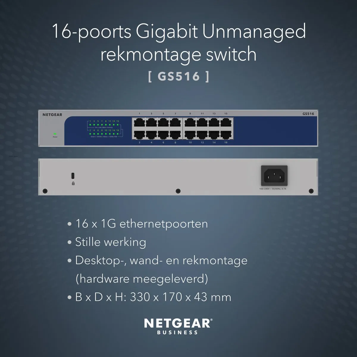 Netgear GS516 Unmanaged Switch 16x 1Gbps - Grijs