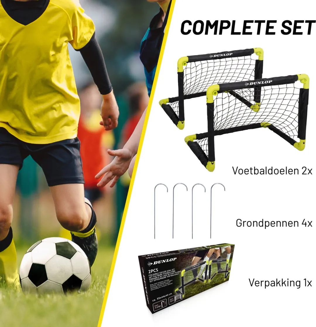 Dunlop Voetbaldoel 50x44x44cm - 2 Stuks - Opvouwbaar - Zwart/Geel