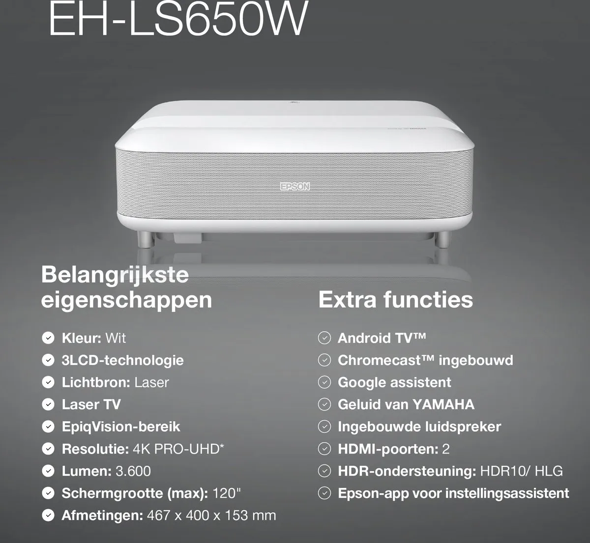 Epson EpiqVision Ultra EH-LS650W Beamer - Wit