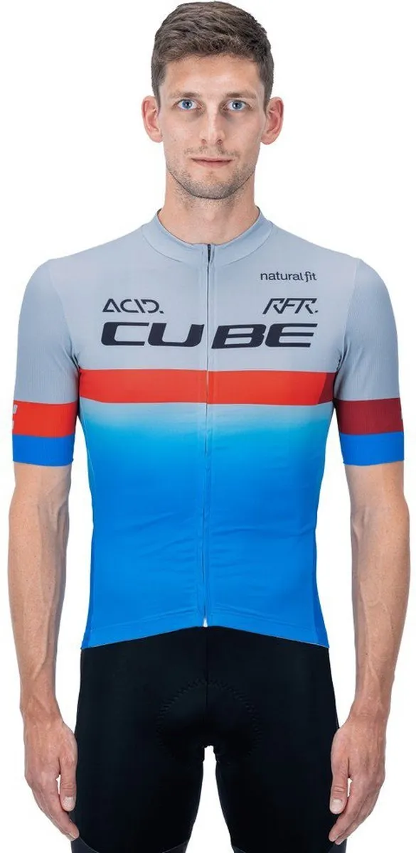 Cube Teamline Korte Mouw Wielertrui - S - Blauw/Rood/Grijs