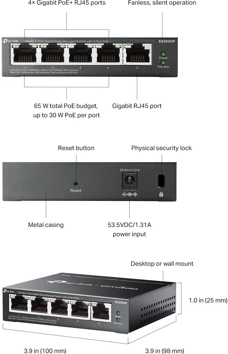 TP-Link Omada ES205GP Managed Switch 5x Gigabit PoE - Zwart