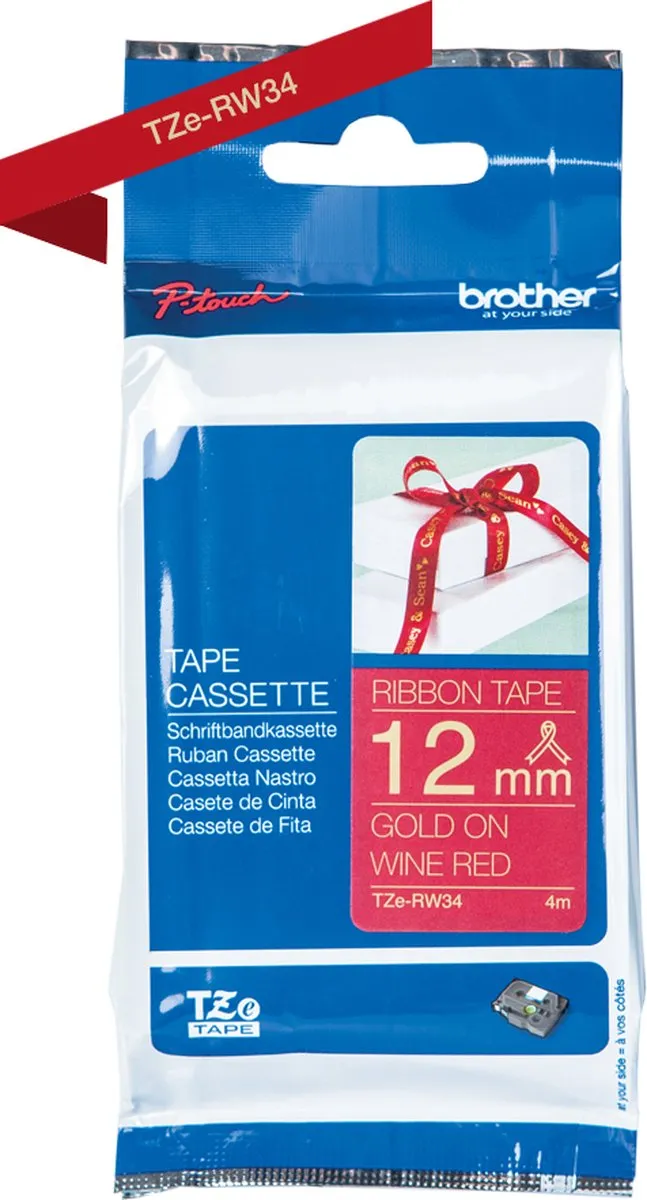 Brother TZe-RW34 Textiellabel 12mm - 4m - Wijnrood/Goud