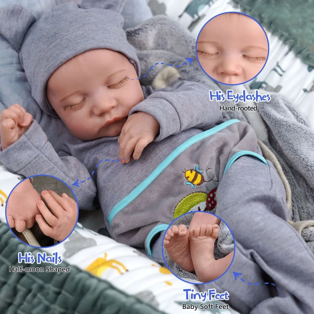 ECTEATOY Levensechte Reborn Baby Pop Jongen 48cm - Grijs