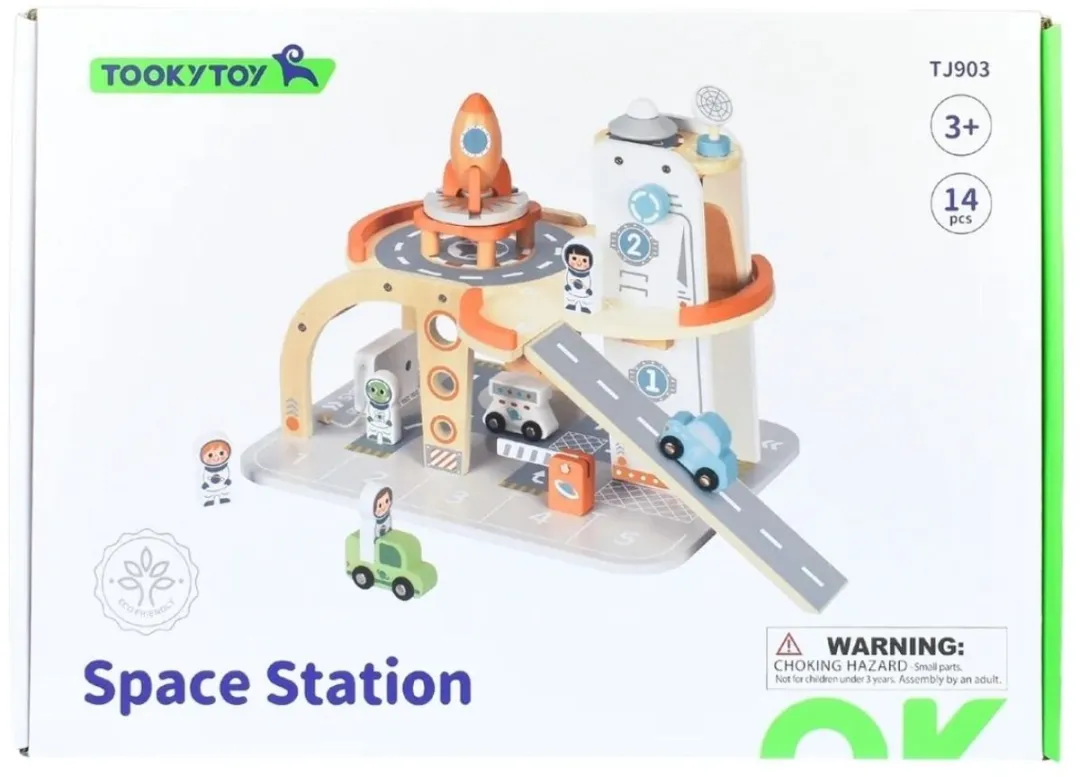 Tooky Toy TJ903 Houten Speelgoedgarage - 14-delig Meerkleurig