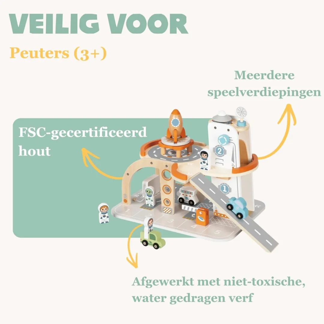 Tooky Toy TJ903 Houten Speelgoedgarage - 14-delig Meerkleurig